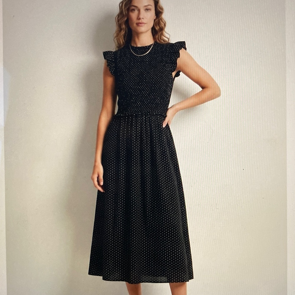 Gap Black Open-Back Smocked Polka Dot Sleeveless Midi Dress S368